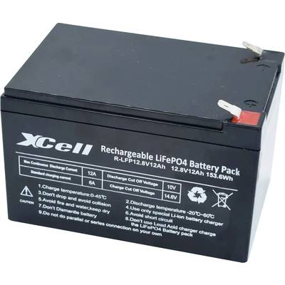 'XCell wiederaufladbarer LiFePO4-Akkupack, 12,8V 12Ah, 153,6Wh. Maximale Entladungsstromstärke 12A, Ladeschlussspannung 14,6V.'