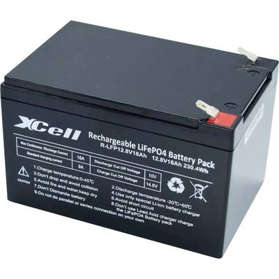 Wiederaufladbarer LiFePO4-Akku von XCell mit 12,8V/18Ah und 230,4Wh. Gehäuse in Schwarz.