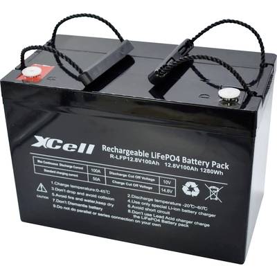 Wiederaufladbarer Lithium-Eisenphosphat-Akku mit schwarzem Gehäuse. Angaben zur Spannung (12,8 V) und Kapazität (100 Ah, 1280 Wh) aufgedruckt.