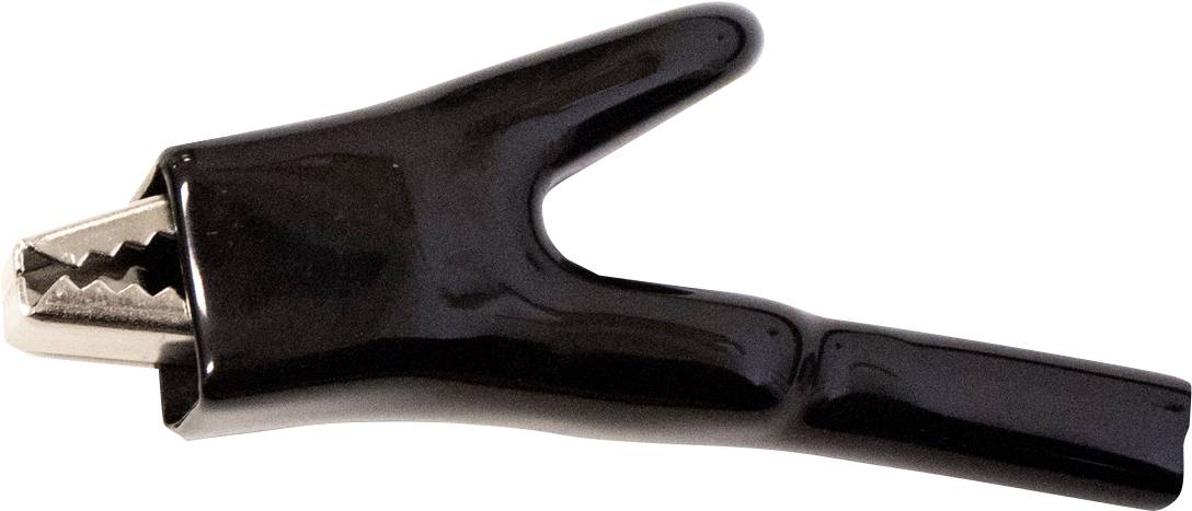 Eine schwarze Krokodilklemme mit gezackten Metallzähnen, oft verwendet zum sicheren Verbinden von elektrischen Leitungen.