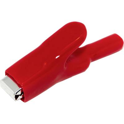 Rote Krokodilklemme aus Kunststoff, die zum Klemmen von kleinen Anschlüssen in elektrischen Schaltungen verwendet wird.
