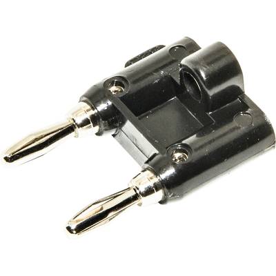 Ein schwarzer Bananenstecker-Adapter mit zwei goldenen Kontakten nebeneinander, zum Anschluss von Audiokabeln.