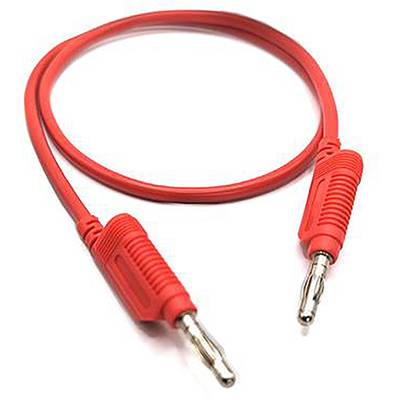 Rotes Kabel mit zwei Bananensteckern an den Enden, häufig für elektrische Verbindungen verwendet.