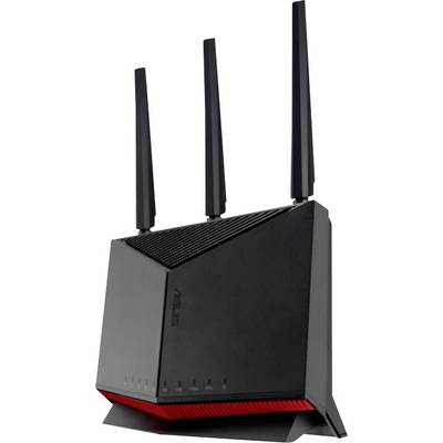 Schwarzer Router mit drei Antennen, steht aufrecht. Vertikale Lüftungsschlitze oben, rote Basisleiste unten.