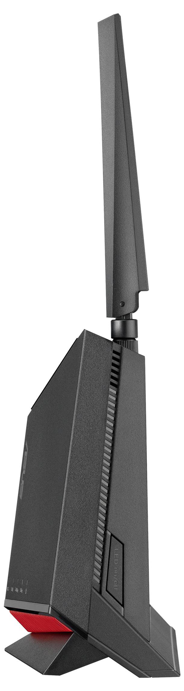 Schwarze, vertikale, rechteckige Antenne mit rotem Akzent am Boden, leicht angewinkelt.