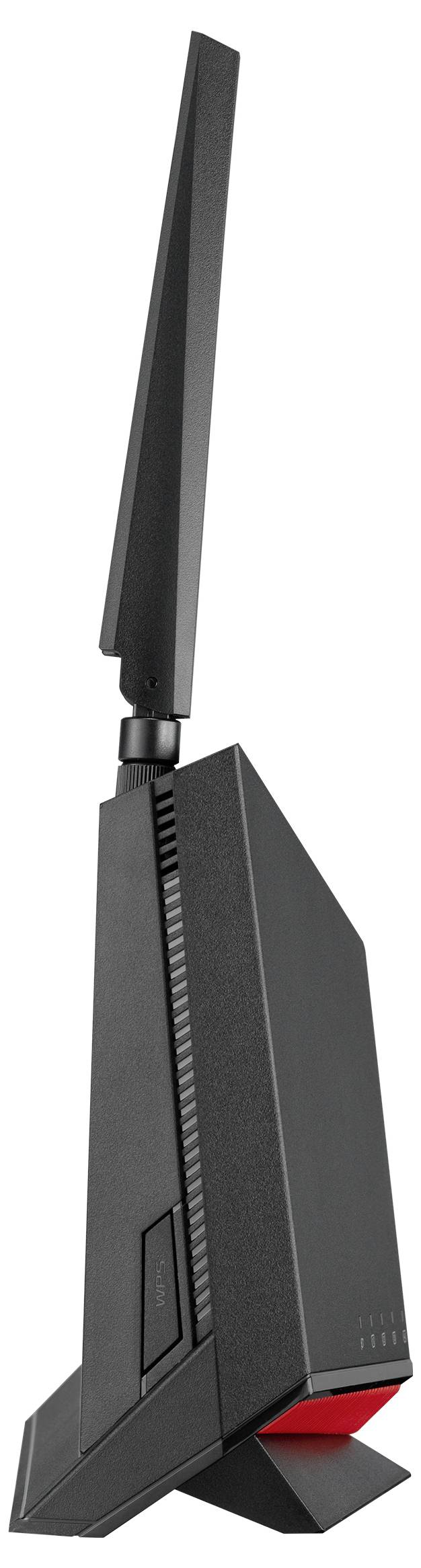 Schwarz-roter Gaming-Router mit markantem, vertikalen Design und großer abgewinkelter Antenne. Geeignet für Hochleistungsspielumgebungen.