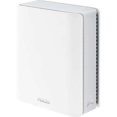 Ein weißer ASUS Router mit vertikalen Lüftungsschlitzen an der Seite, zentral auf der Vorderseite das ASUS-Logo.