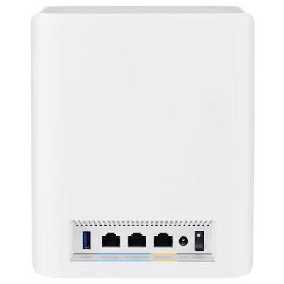 Weiße quadratische Anschlussbox mit vier Ethernet-Ports, einem USB-Anschluss und einem Stromanschluss an der Rückseite.
