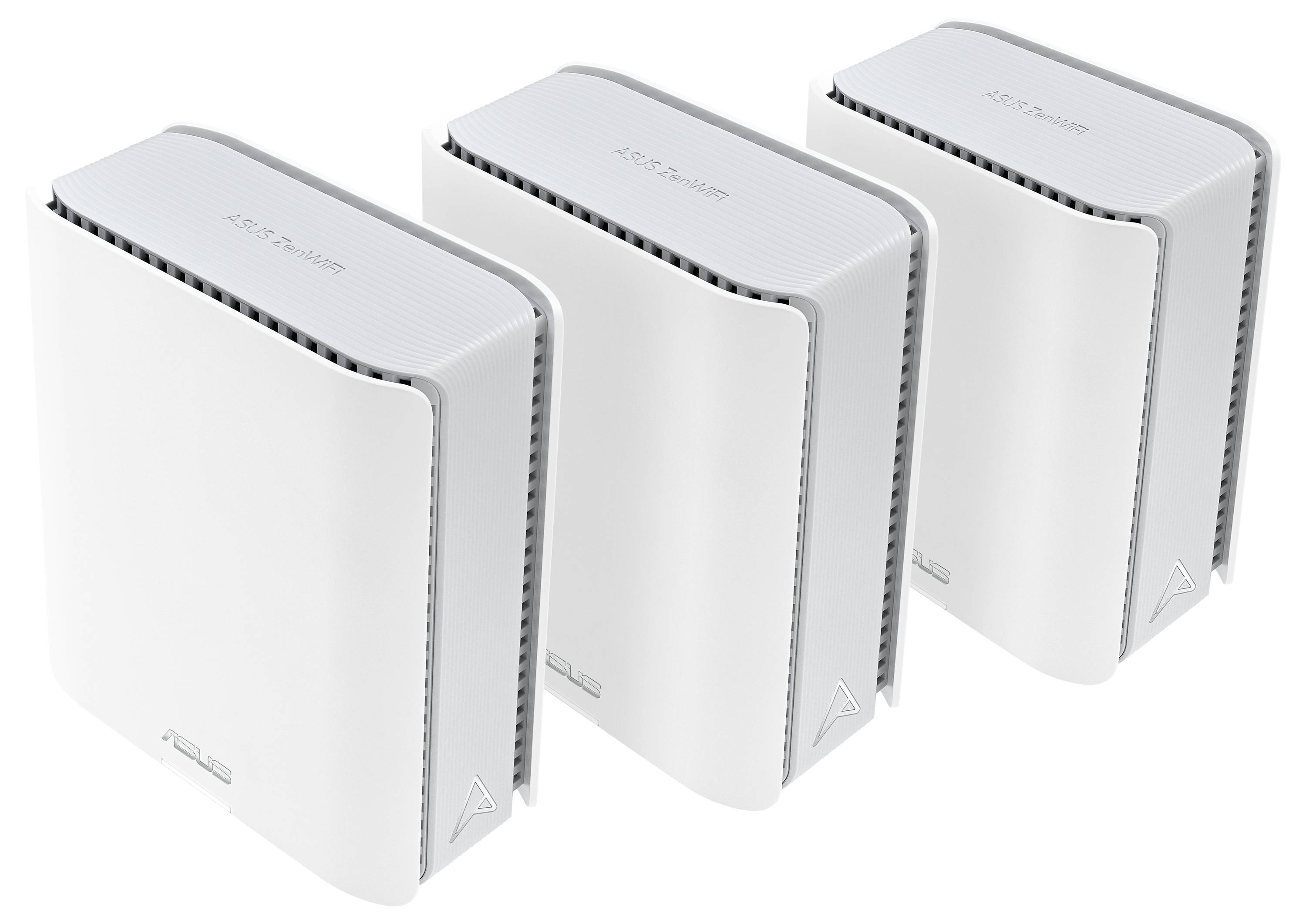 Drei weiße, moderne WLAN-Router nebeneinander, jeweils mit einem schlichtem Design und Lüftungsschlitzen oben.