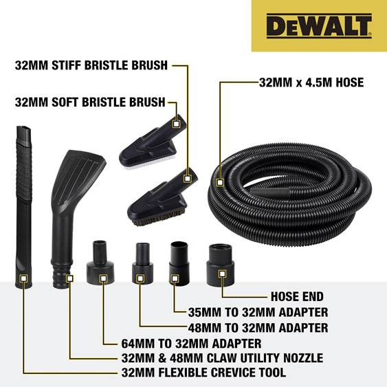Ein DeWalt-Staubsaugerzubehör-Set mit Schlauch, Bürsten und Adaptern; Angaben zu Größen und Funktionen neben den Komponenten.