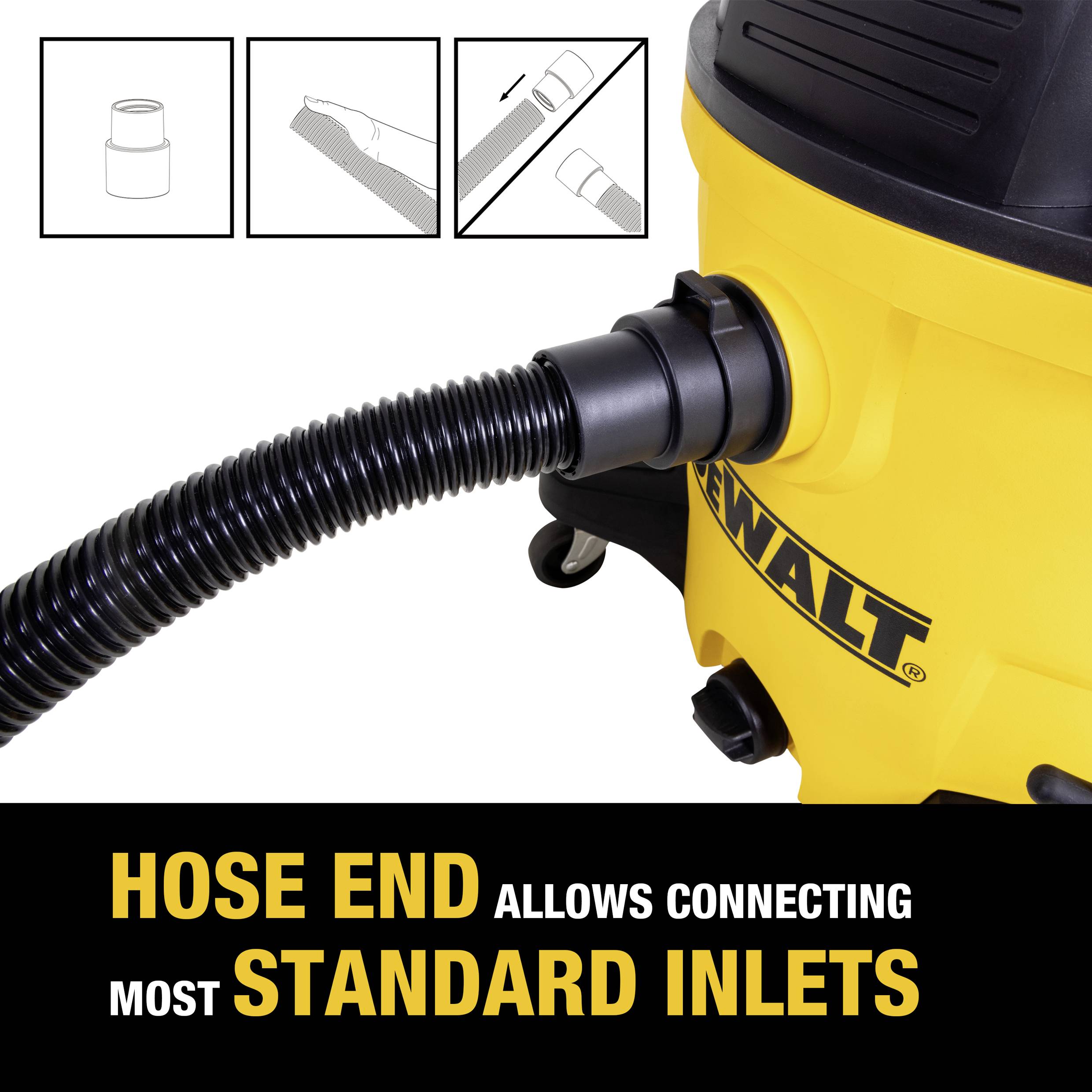 Gelber Staubsauger mit flexiblem Schlauch. Text: 'Hose end allows connecting most standard inlets'. Diagramm zeigt Schlauchverbindung.
