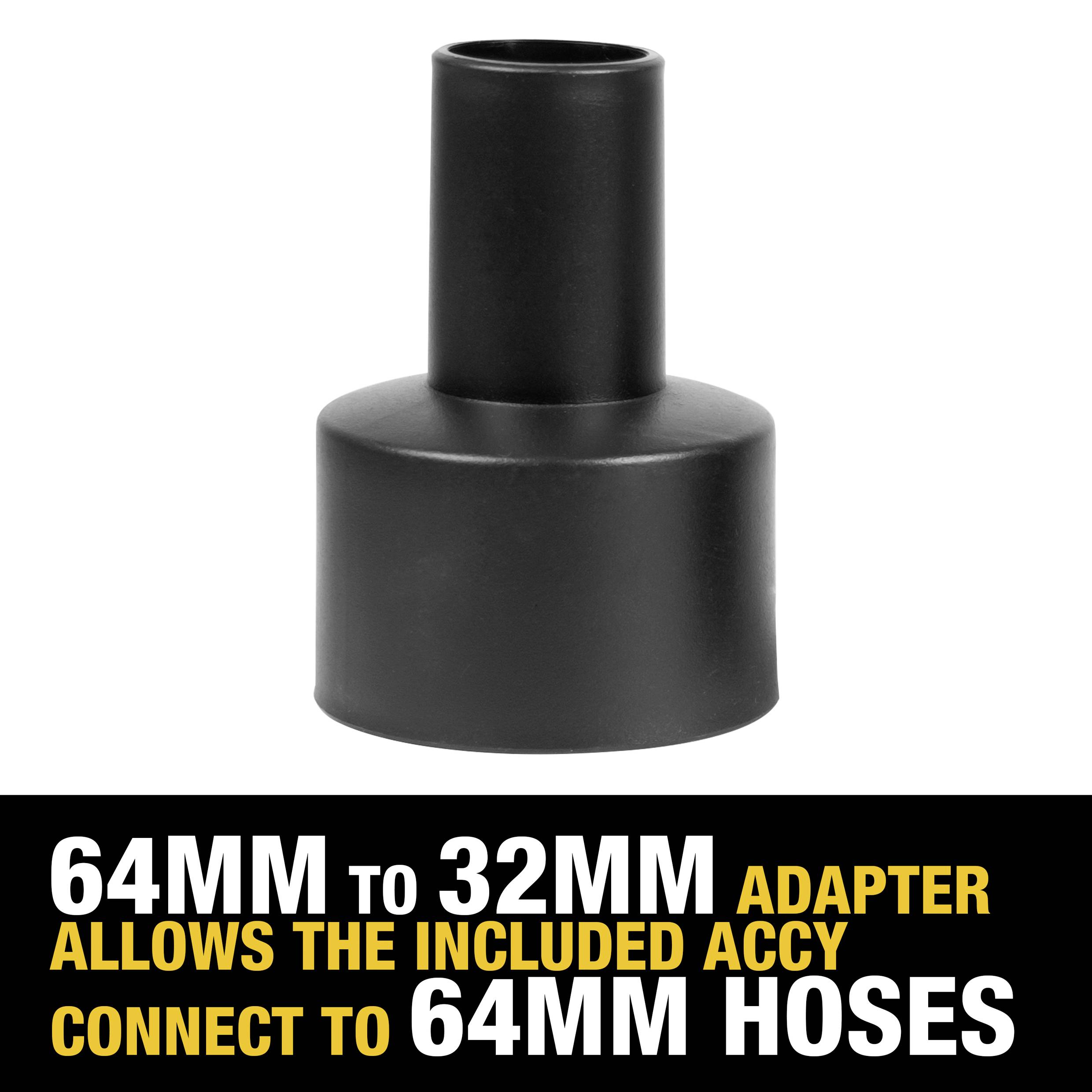 '64 mm auf 32 mm Adapter ermöglicht den Anschluss des mitgelieferten Zubehörs an 64 mm Schläuche.'