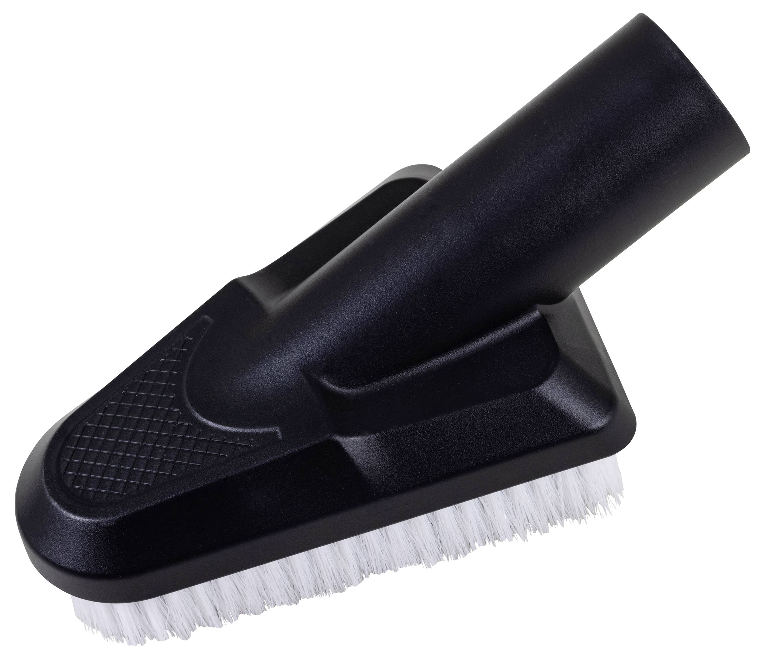 Eine schwarze Staubsaugerbürste mit weißen Borsten, geeignet für die Reinigung harter Oberflächen.