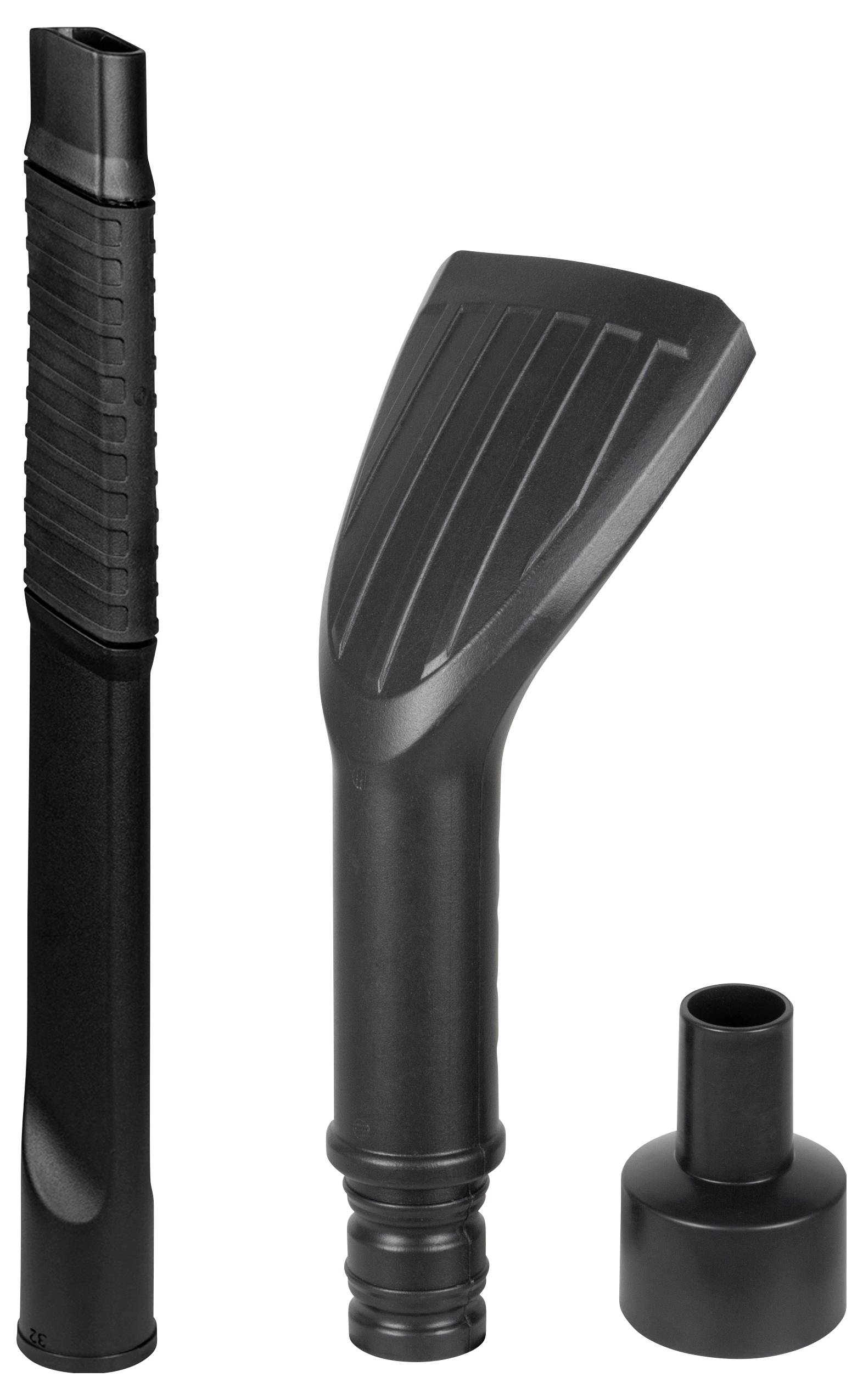 Drei schwarze Staubsaugerdüsen unterschiedlicher Formen und Größen, arrangiert nebeneinander.