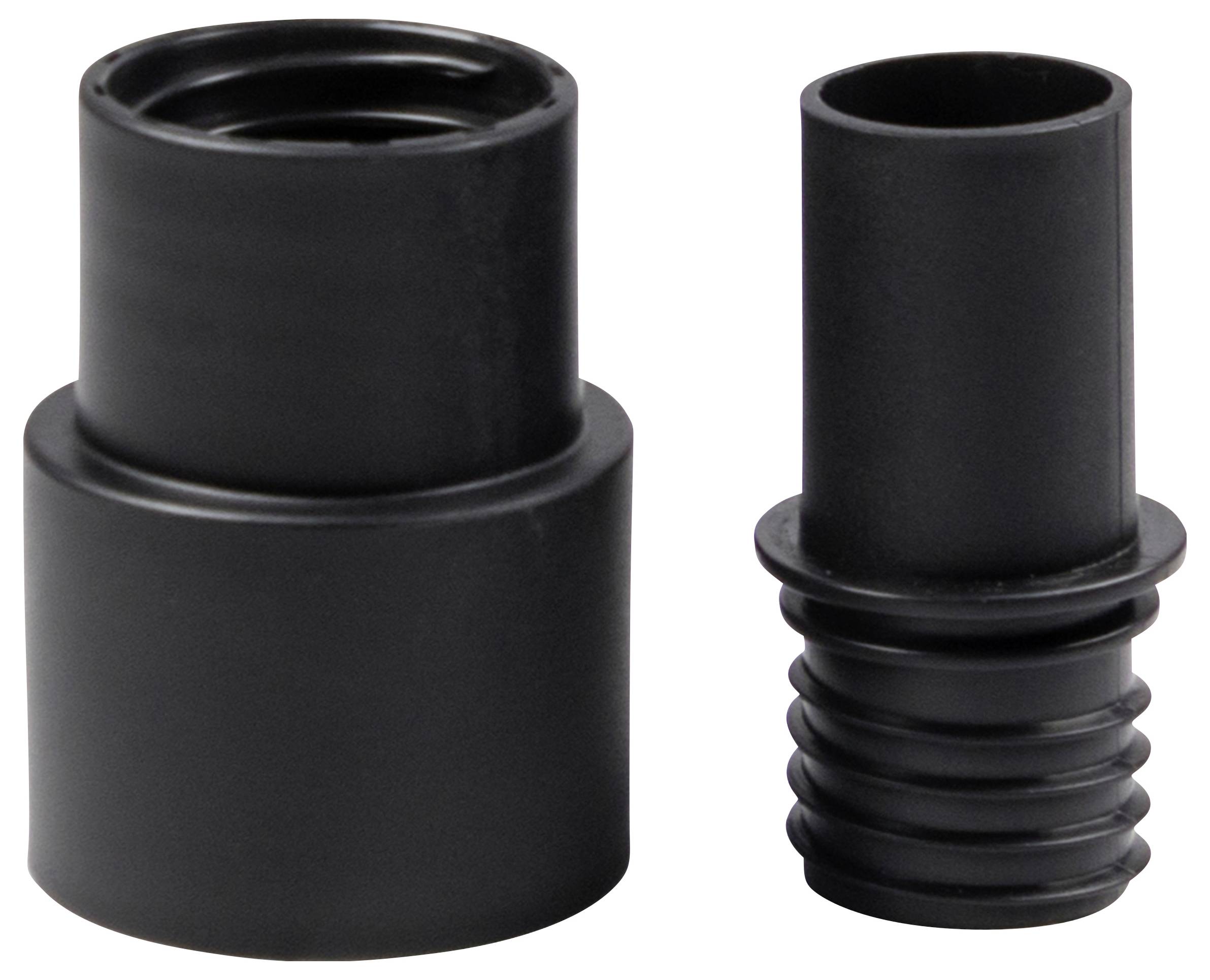 Zwei schwarze Kunststoffadapter in unterschiedlicher Größe, nebeneinander stehend. Links ein breiterer Adapter, rechts ein schmalerer.