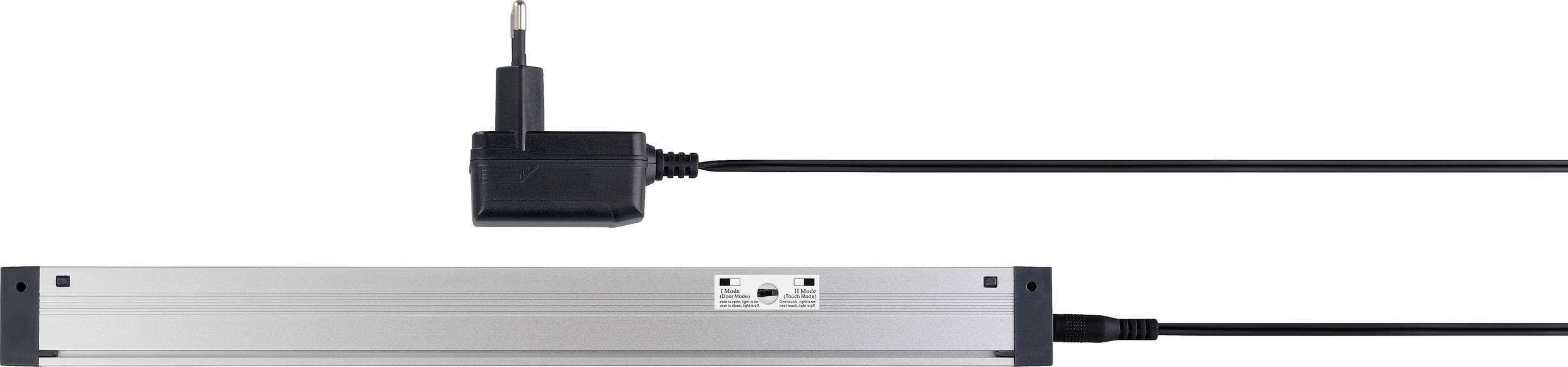 Ein linearer Sensor mit Verbindungskabel und Stecker wird dargestellt. Der Sensor ist rechteckig, mit Bezeichnungen und Anschlüssen, die auf der Oberfläche sichtbar sind.