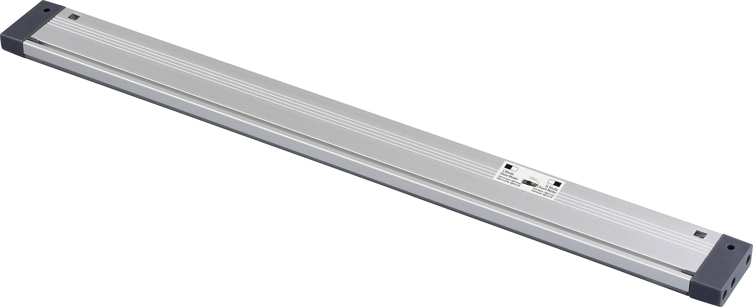 Eine lange, rechteckige Lichtarmatur aus silbernem Metall mit dunkelgrauen Endkappen und einer beschrifteten Steuereinheit in der Mitte.