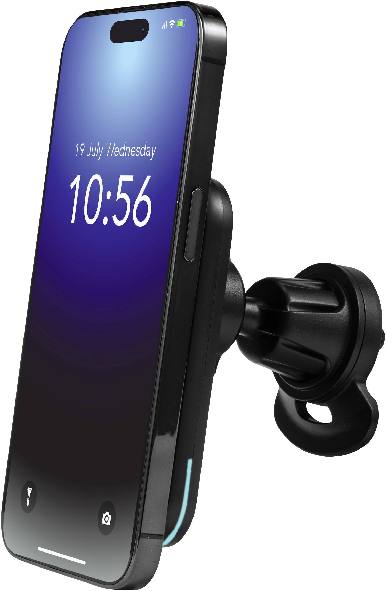Smartphone in Autohalterung mit Uhrzeit '10:56' auf dem Bildschirm, Datum '19 July Wednesday'.