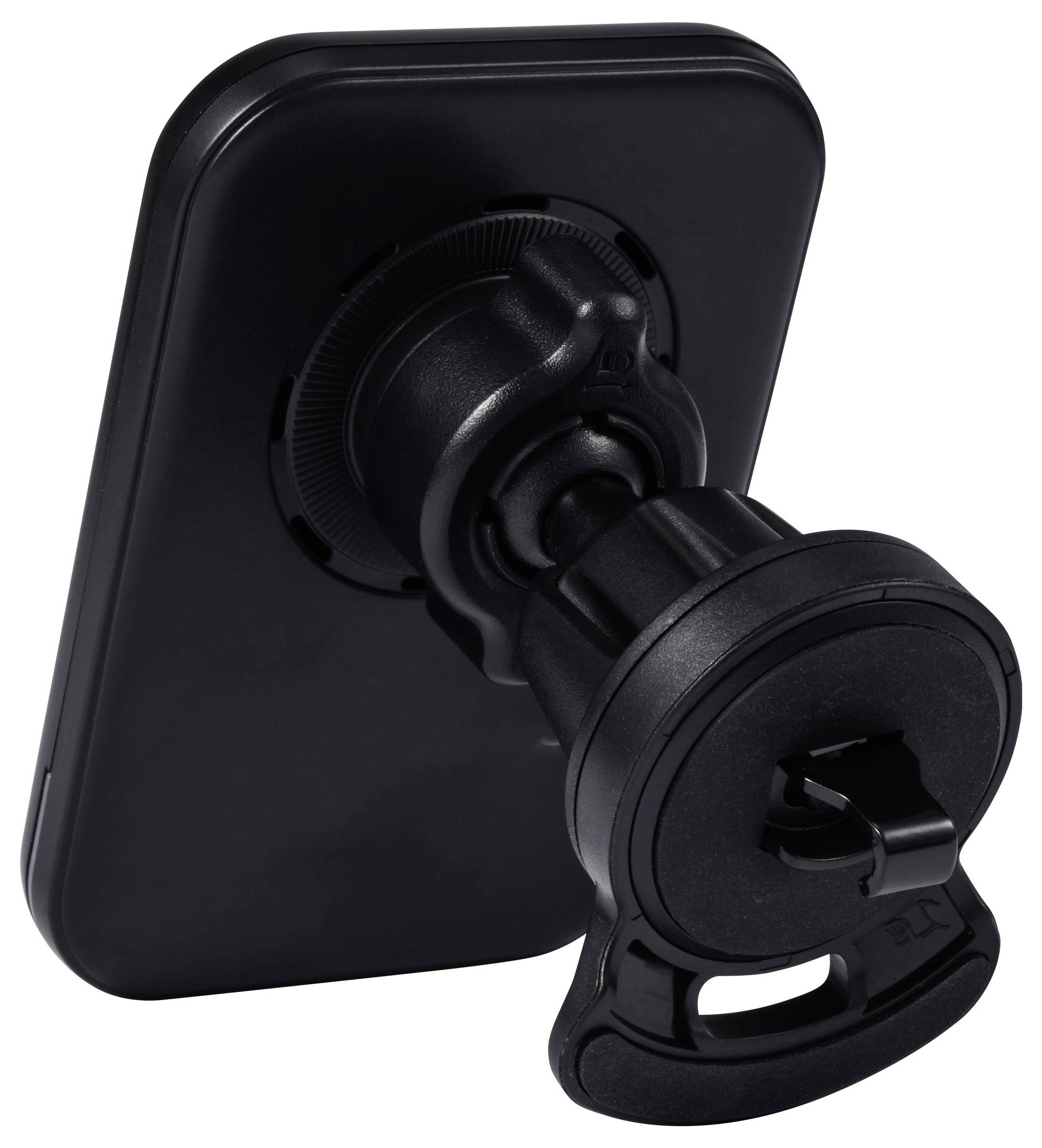 Halterung mit Saugnapf an einer schwarzen rechteckigen Basis, die zur Befestigung eines Geräts wie eines Mobiltelefons geeignet ist.