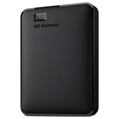 Schwarze externe Festplatte 'WD Elements' mit glatter Oberfläche, kompaktes Design, tragbare Speicherungslösung.