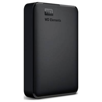 Externe Festplatte 'WD Elements', schwarz, stehend.