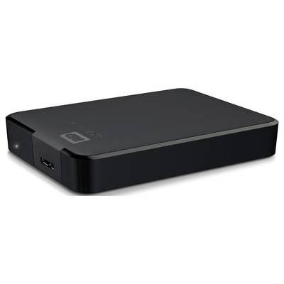 Externe schwarze Festplatte mit USB-Anschluss, rechteckig und flach, zur Datenspeicherung.