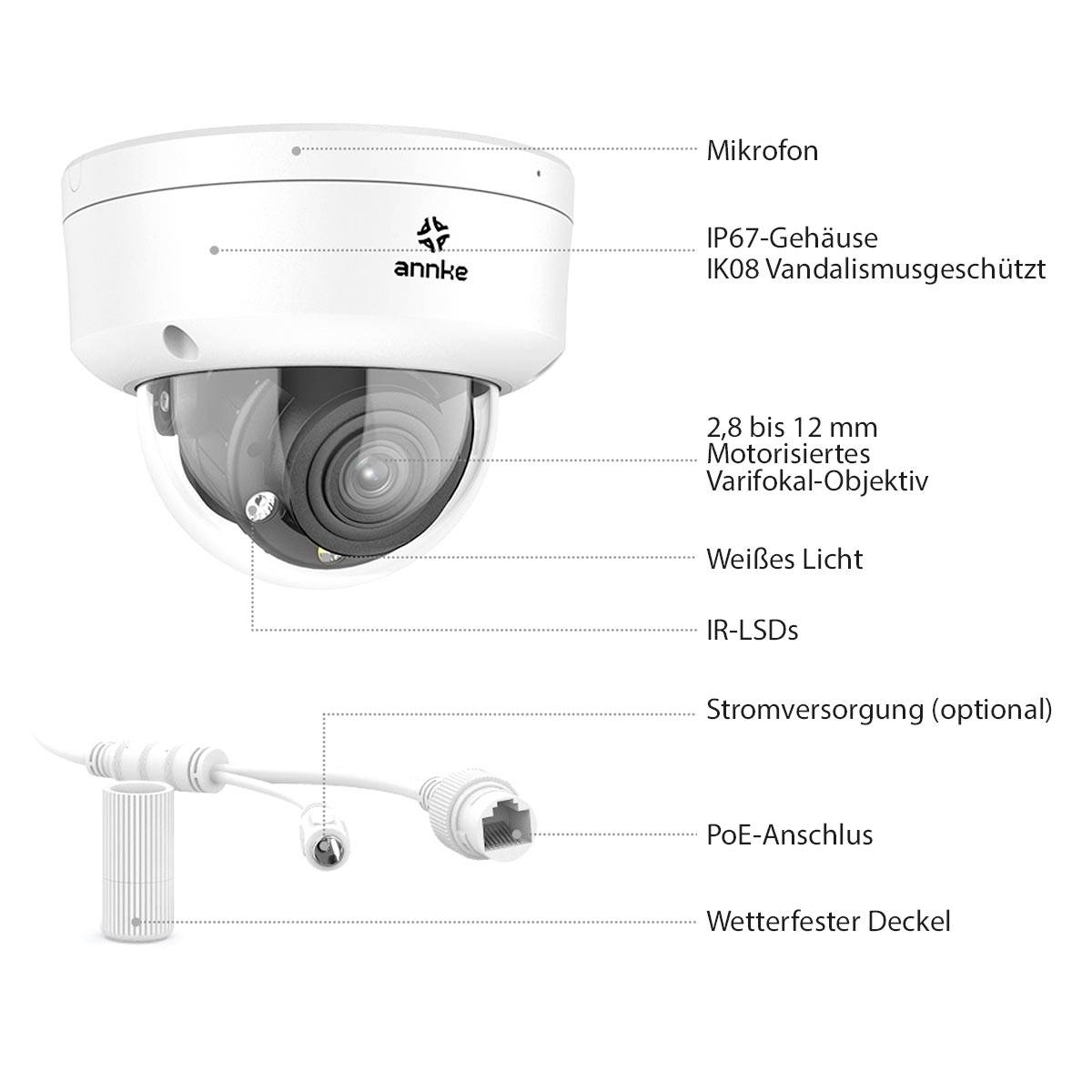 Überwachungskamera mit Mikrofon, IP67-Gehäuse, Vandalismusschutz, varifokalem Objektiv, IR-Licht, Stromoptionen, wetterfest.