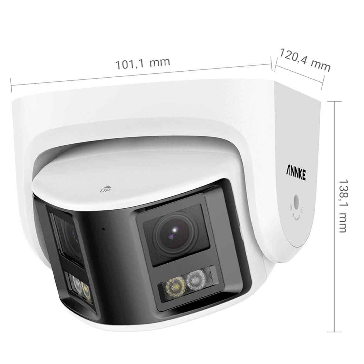 'Weiße Sicherheitskamera mit zwei Linsen und Infrarot-Elementen, Maße: 101,1 mm x 120,4 mm x 138,1 mm.'