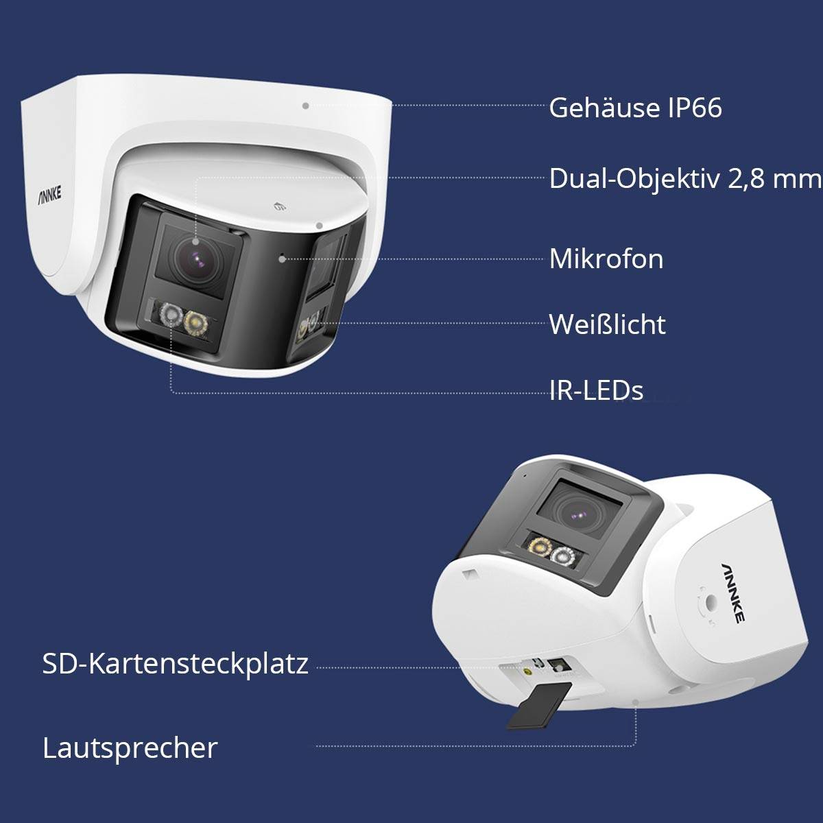 Eine weiße Überwachungskamera mit Mikrofon, 2,8 mm Objektiv, IR-LEDs, SD-Kartensteckplatz und Lautsprecher. Gehäuse ist IP66-zertifiziert.