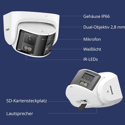 Eine weiße Überwachungskamera mit Mikrofon, 2,8 mm Objektiv, IR-LEDs, SD-Kartensteckplatz und Lautsprecher. Gehäuse ist IP66-zertifiziert.