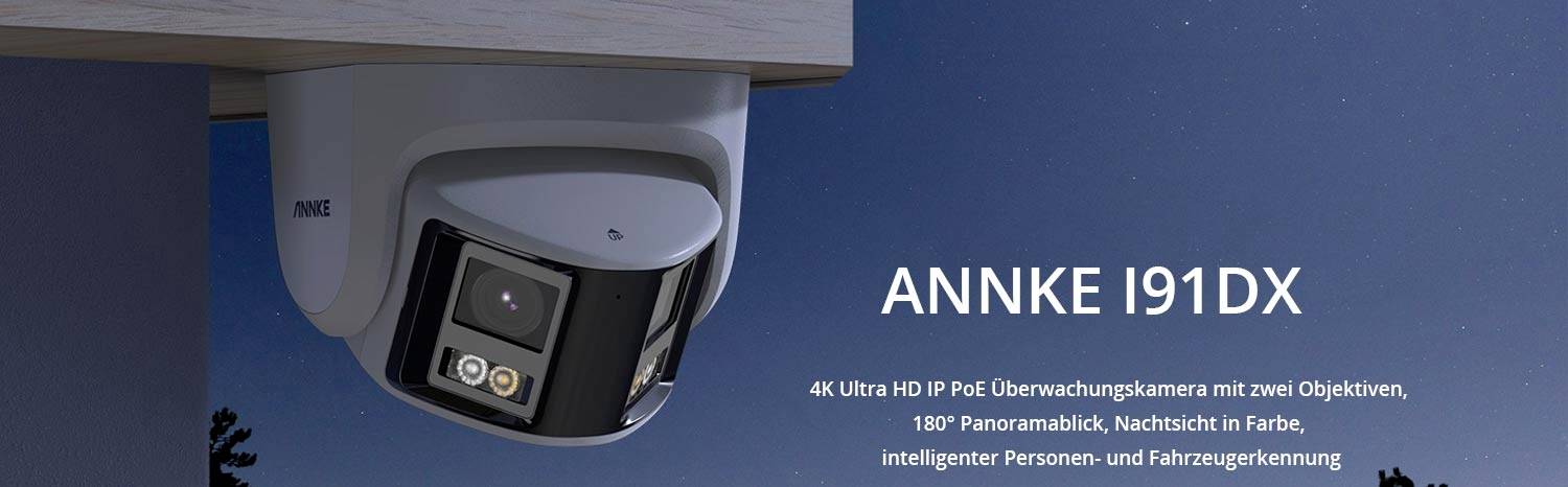 Überwachungskamera ANNKE I91DX mit 4K Ultra HD, 180° Panoramablick, Nachtsicht, erkennt Personen und Fahrzeuge, installiert an Wand.