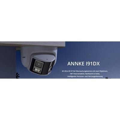 Überwachungskamera ANNKE I91DX mit 4K Ultra HD, 180° Panoramablick, Nachtsicht, erkennt Personen und Fahrzeuge, installiert an Wand.