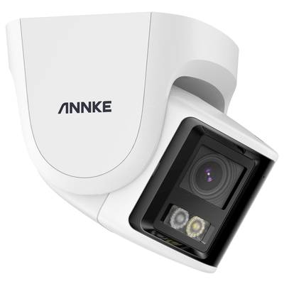 Weiße Überwachungskamera mit ANNKE-Logo, zeigt ein modernes Design mit Objektiv und LED-Leuchten, geeignet für Sicherheitszwecke.