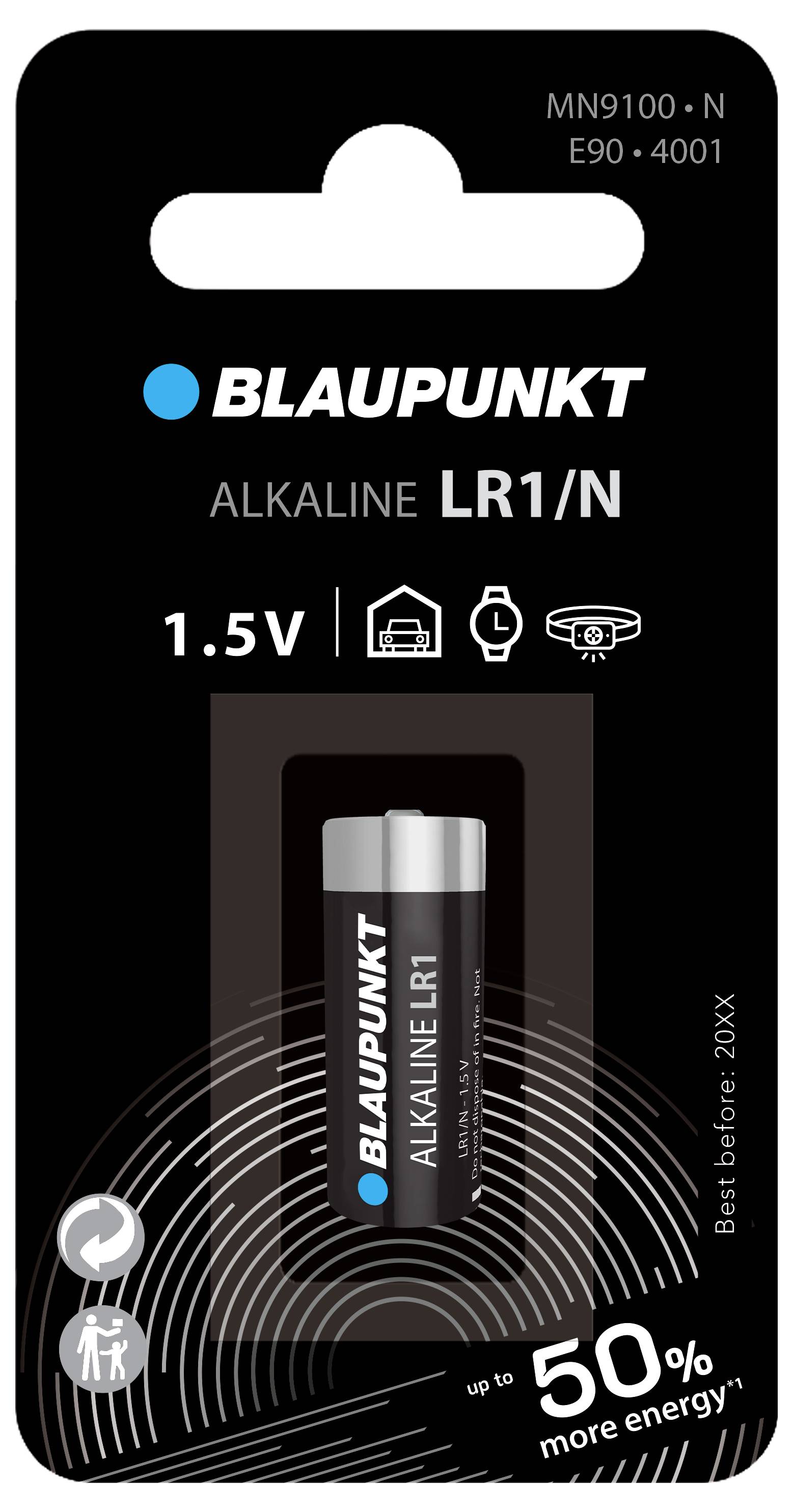 Batterie-Verpackung der Marke Blaupunkt, Modell Alkaline LR1/N, 1,5V, auf schwarzem Hintergrund. Enthält Haltbarkeitsdatum.
