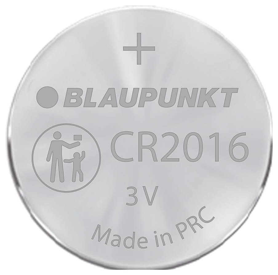 Silberne Knopfzelle mit Aufschrift 'Blaupunkt', Typ 'CR2016', Spannung '3V', hergestellt in 'PRC'; Warnsymbol für Kleinteile.