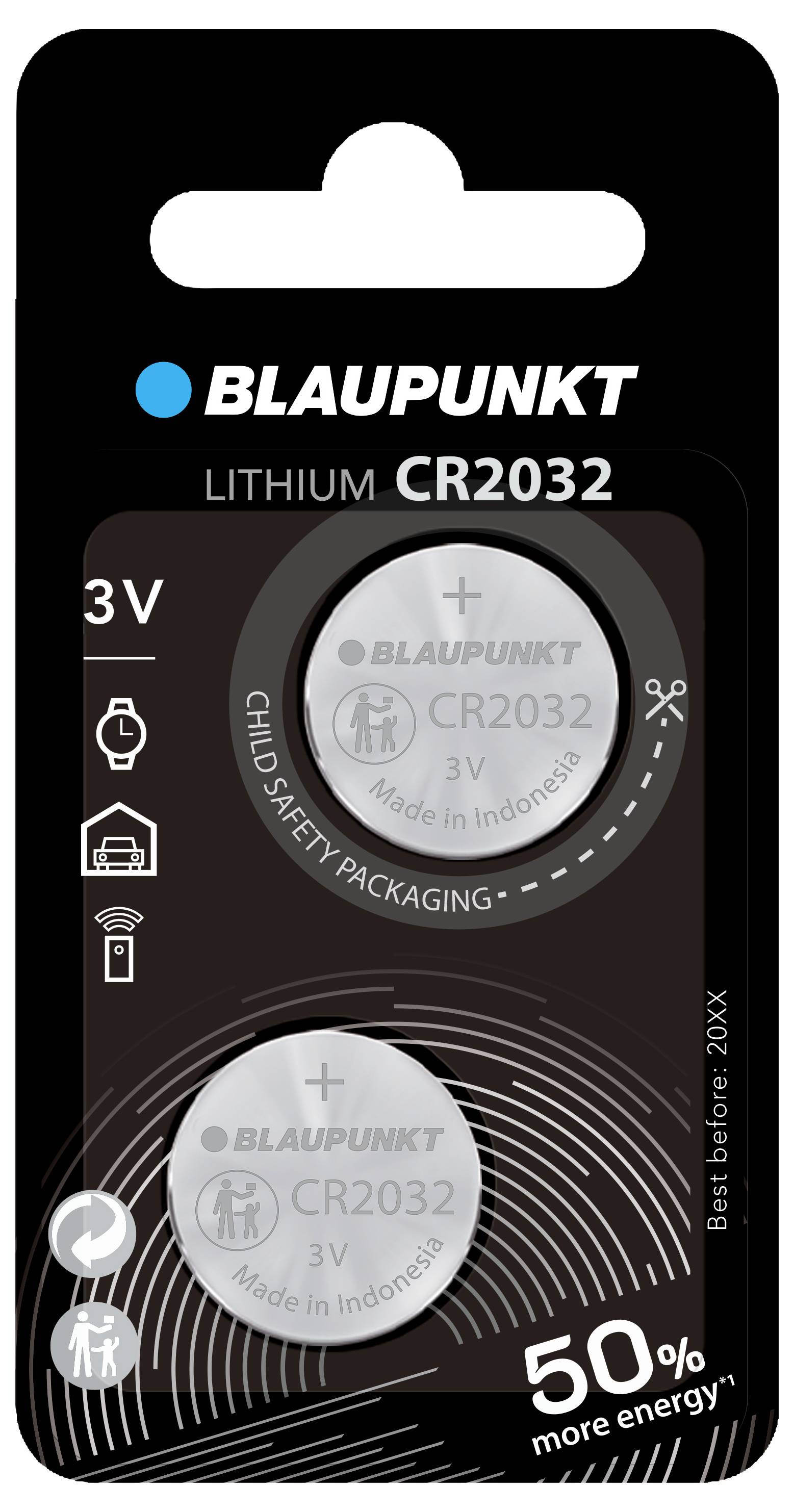 Zwei 'CR2032' Lithium-Batterien von 'Blaupunkt', 3V, auf schwarzem Blister. Mit Kindersicherheit, 50% mehr Energie, haltbar bis 20XX.