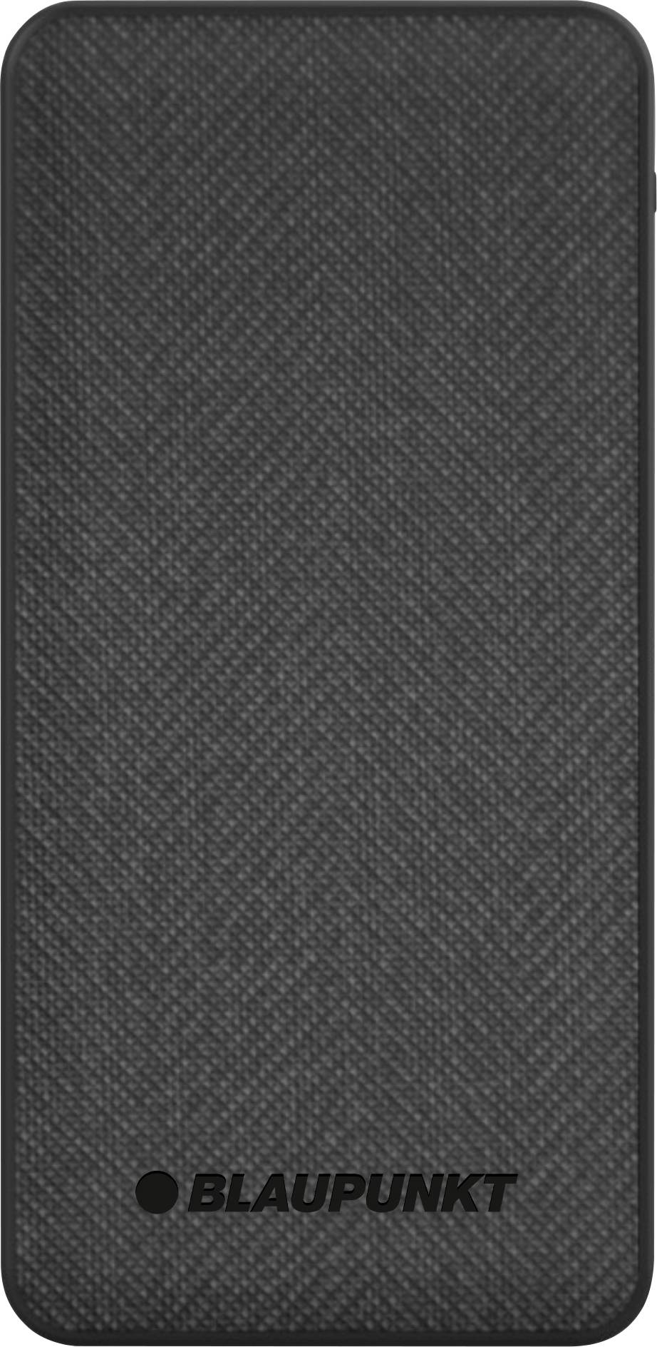 Schwarze Powerbank von Blaupunkt mit texturierter Oberfläche, rechteckige Form und abgerundeten Ecken.