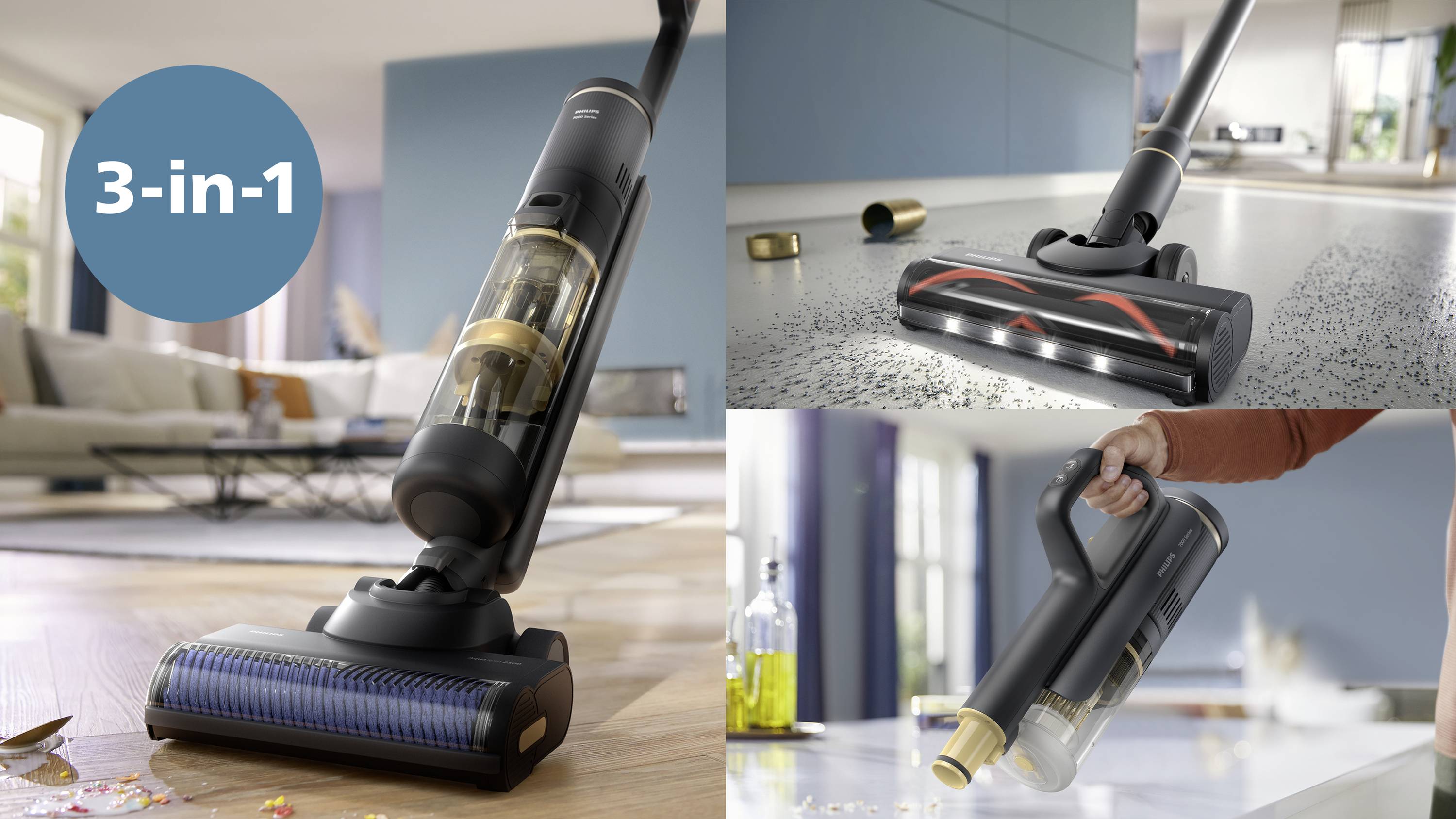 'Staubsauger' mit drei Funktionen: Teppichreinigung, Hartbodenpflege und Handstaubsauger-Einsatz für flexibles, effizientes Saubermachen.