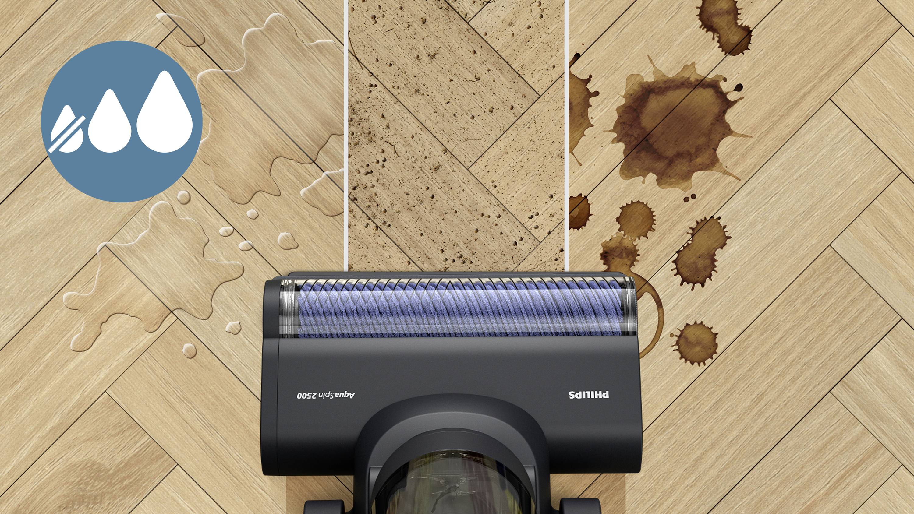 Ein Staubsaugeraufsatz reinigt einen Holzboden mit Schmutz- und Flüssigkeitsflecken. Ein Symbol zeigt Wasser- und Schmutzaufnahme.