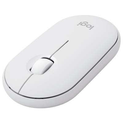 Weiße kabellose Computermaus mit schlankem, modernem Design und einem mittigen Scrollrad.