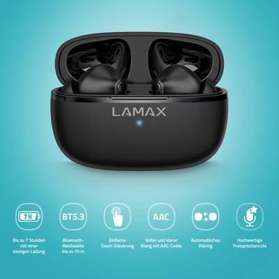 Ein schwarz glänzendes kabelloses Ohrhörer-Set in offener Ladehülle, umgeben von Symbolen für Funktionen: Akkulaufzeit, Bluetooth 5.3, Touch-Steuerung, AAC, automatisches Pairing, Freisprechfunktion.