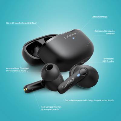 Schwarze kabellose LAMAX-Earbuds mit Ladebox, austauschbaren Ohrstöpseln und Touch-Bedienelementen. Text zur Funktionalität.
