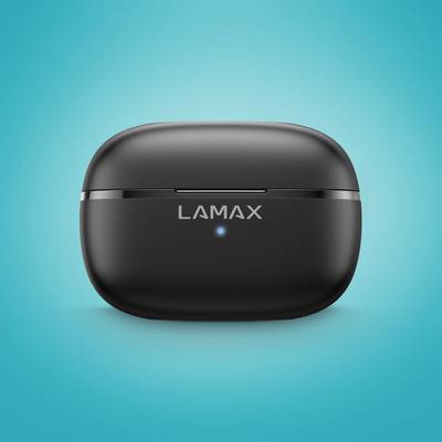Ein schwarzes Ladeetui mit der Aufschrift 'LAMAX' in der Mitte, vor einem blauen Hintergrund. Eine kleine LED-Leuchte ist sichtbar.