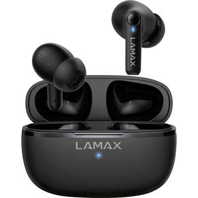 Kabellose schwarze In-Ear-Kopfhörer 'LAMAX' mit Ladestation, ein lichtblaues Anzeigelicht zeigt den Ladezustand an.