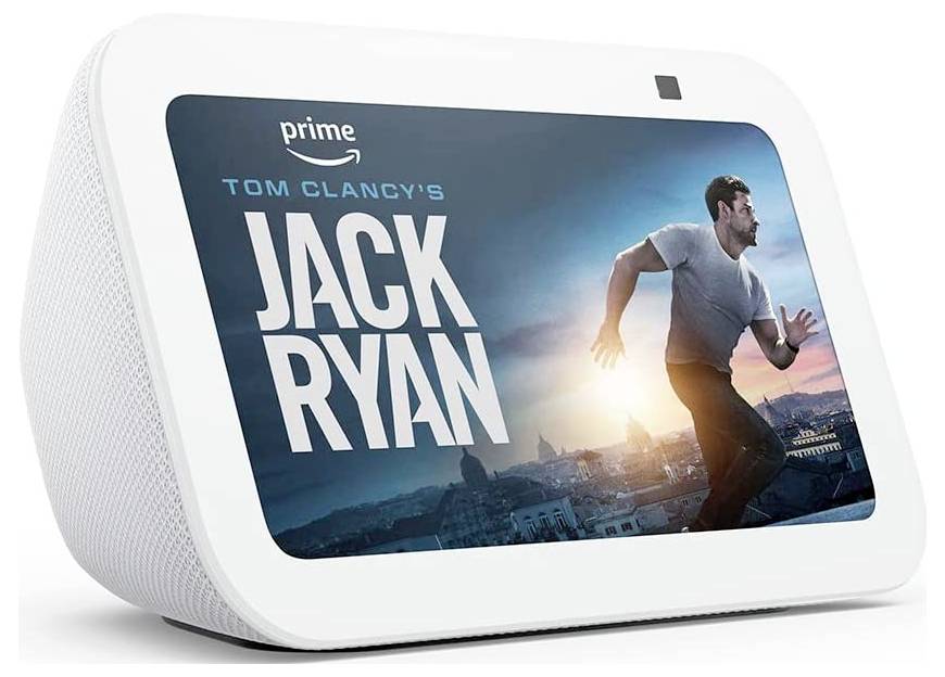Ein Smart-Gerät zeigt das Cover von 'Tom Clancy's Jack Ryan' mit einem laufenden Mann vor einer Stadtlandschaft bei Sonnenuntergang.