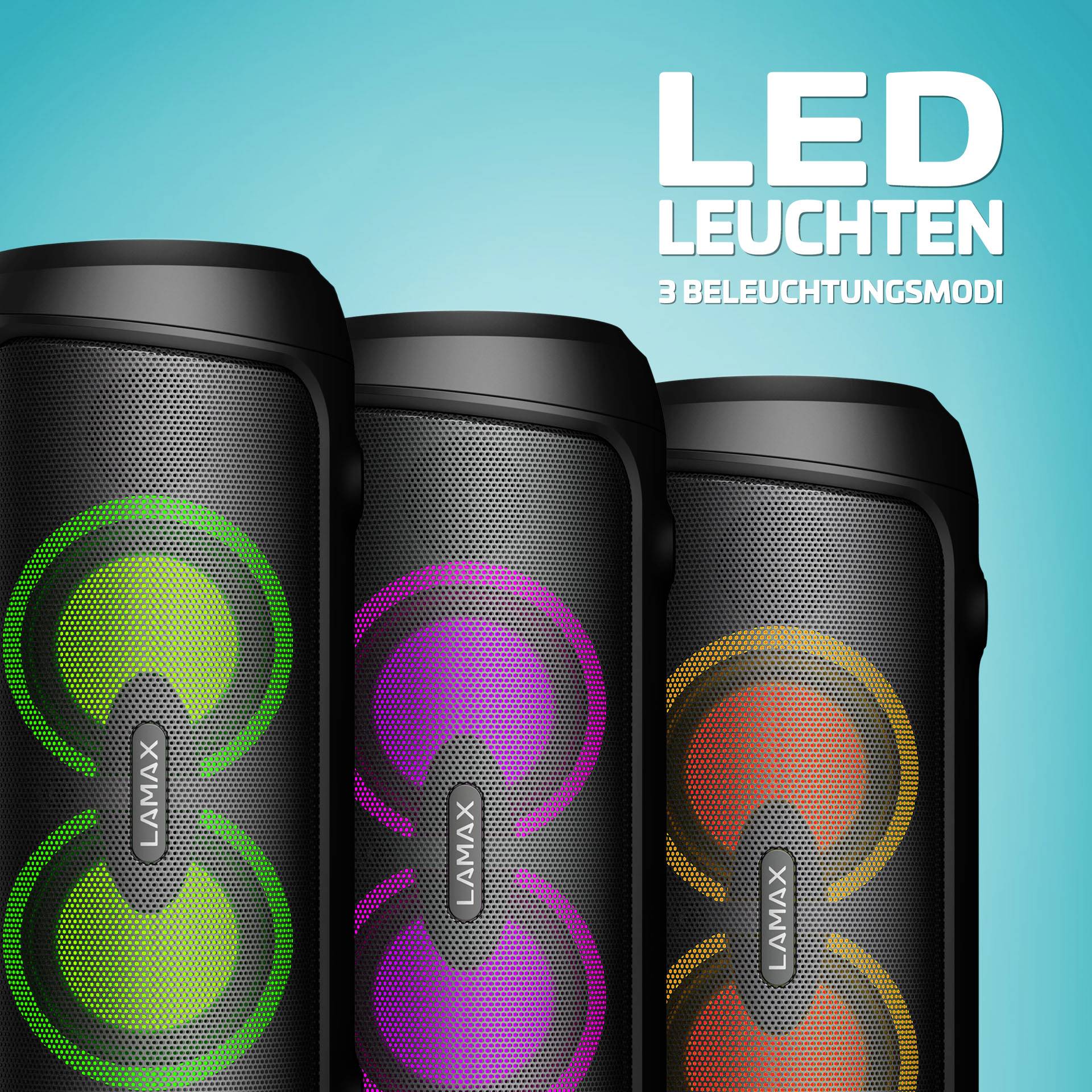Drei kabellose Lautsprecher mit LED-Beleuchtung in Grün, Violett und Orange, auf blauem Hintergrund. Text: 'LED Leuchten, 3 Beleuchtungsmodi'.