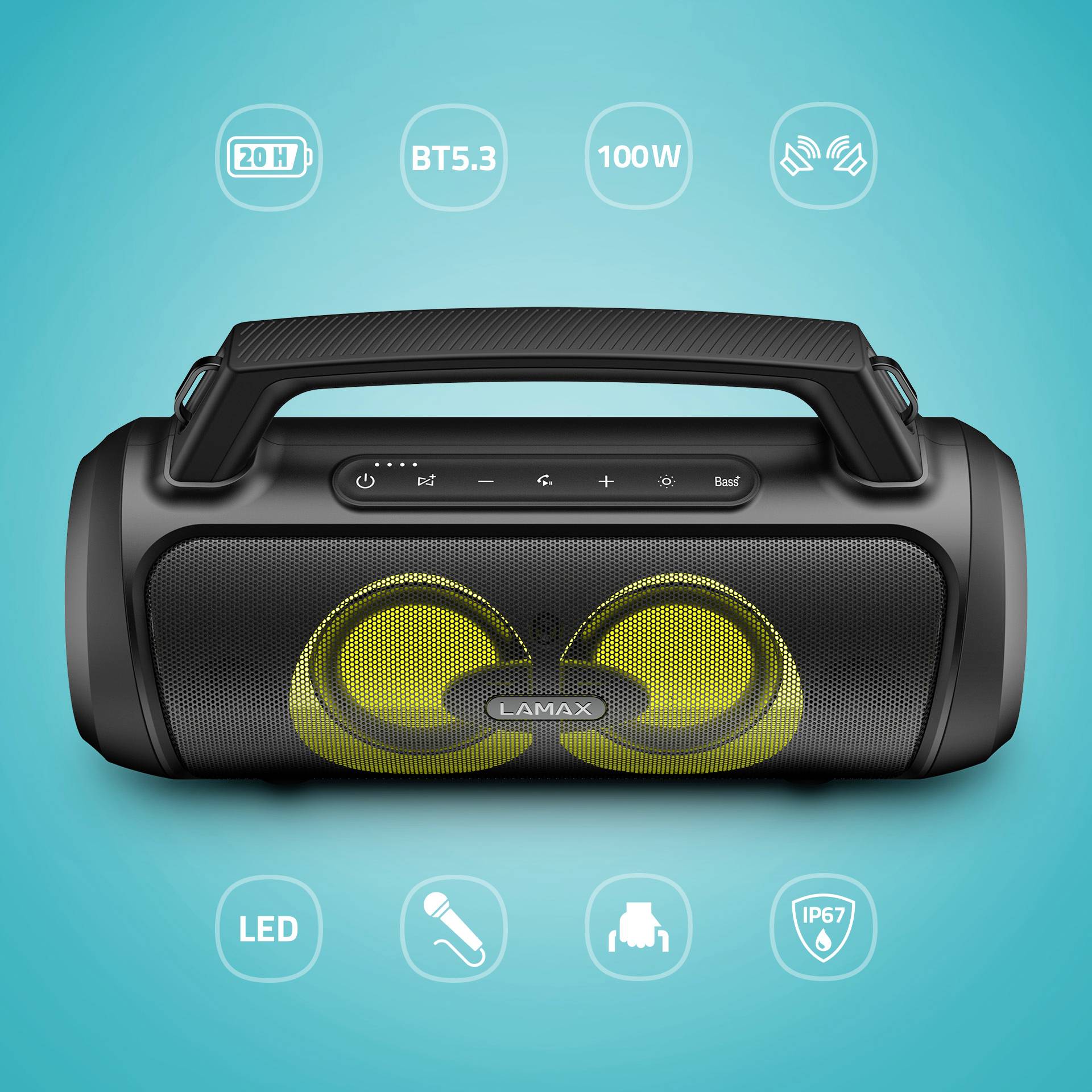 Tragbarer Schwarzlautsprecher mit Griff, gelben Lautsprechern, Symbolen für 20 Stunden Laufzeit, Bluetooth 5.3, 100W Leistung, LEDs, IP67 Wasserdichtigkeit.