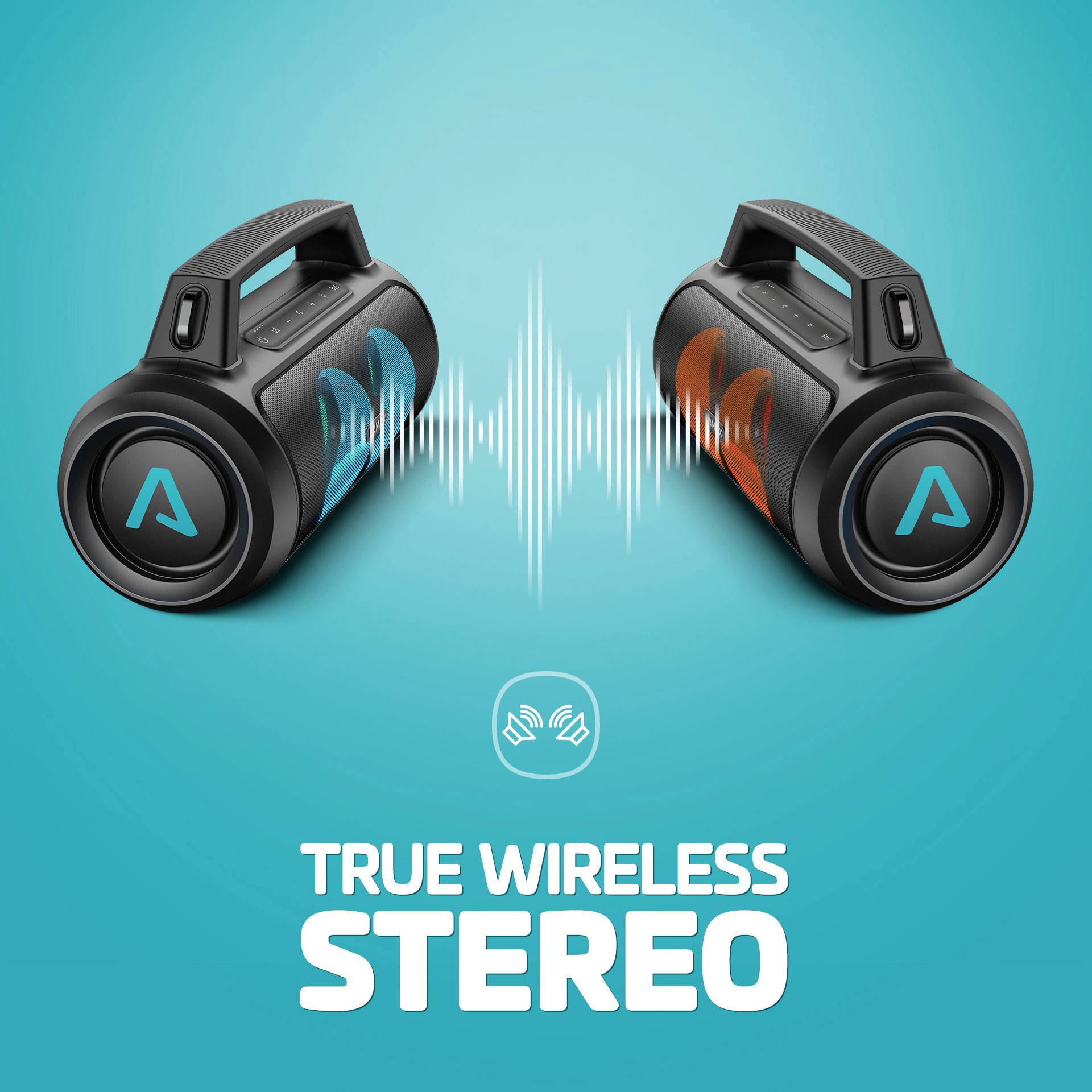 Zwei kabellose Lautsprecher teilen sich eine Schallwellenanzeige auf blauem Hintergrund mit der Aufschrift 'True Wireless Stereo'.
