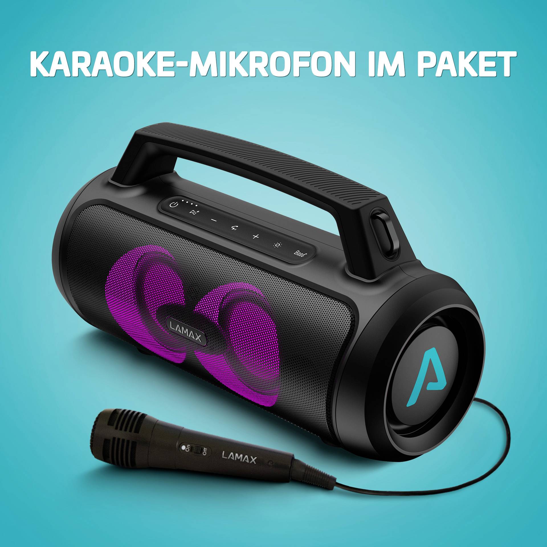 Ein schwarzer Bluetooth-Lautsprecher mit lila Akzenten und einem angeschlossenen Mikrofon, Text: 'Karaoke-Mikrofon im Paket'.