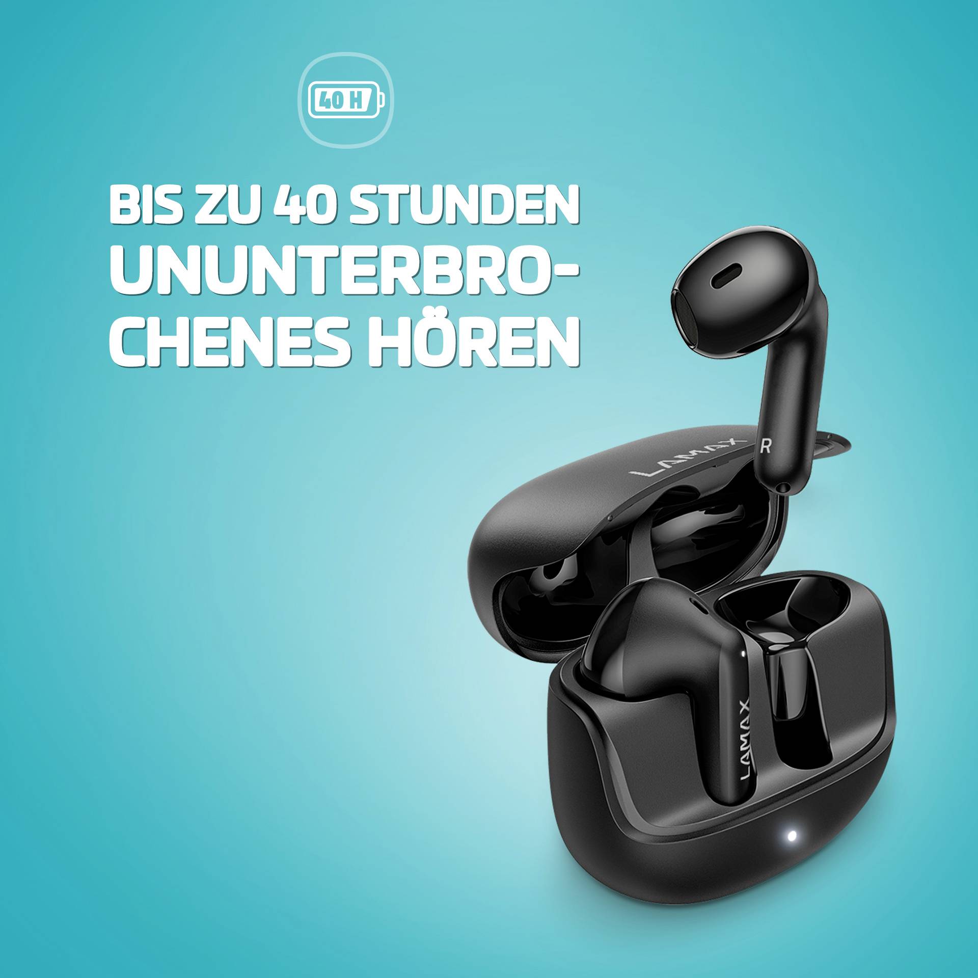 Schwarze kabellose Ohrhörer mit Ladehülle auf blauem Hintergrund. Text: 'Bis zu 40 Stunden ununterbrochenes Hören'.